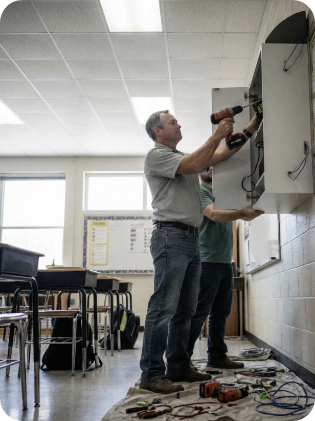 Installation technician assembling storage equipment