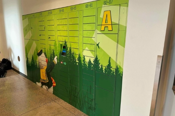 an university hallway with digital lockers