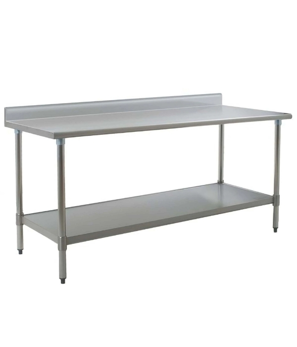 stainless steel table with backsplash and bottom shelf